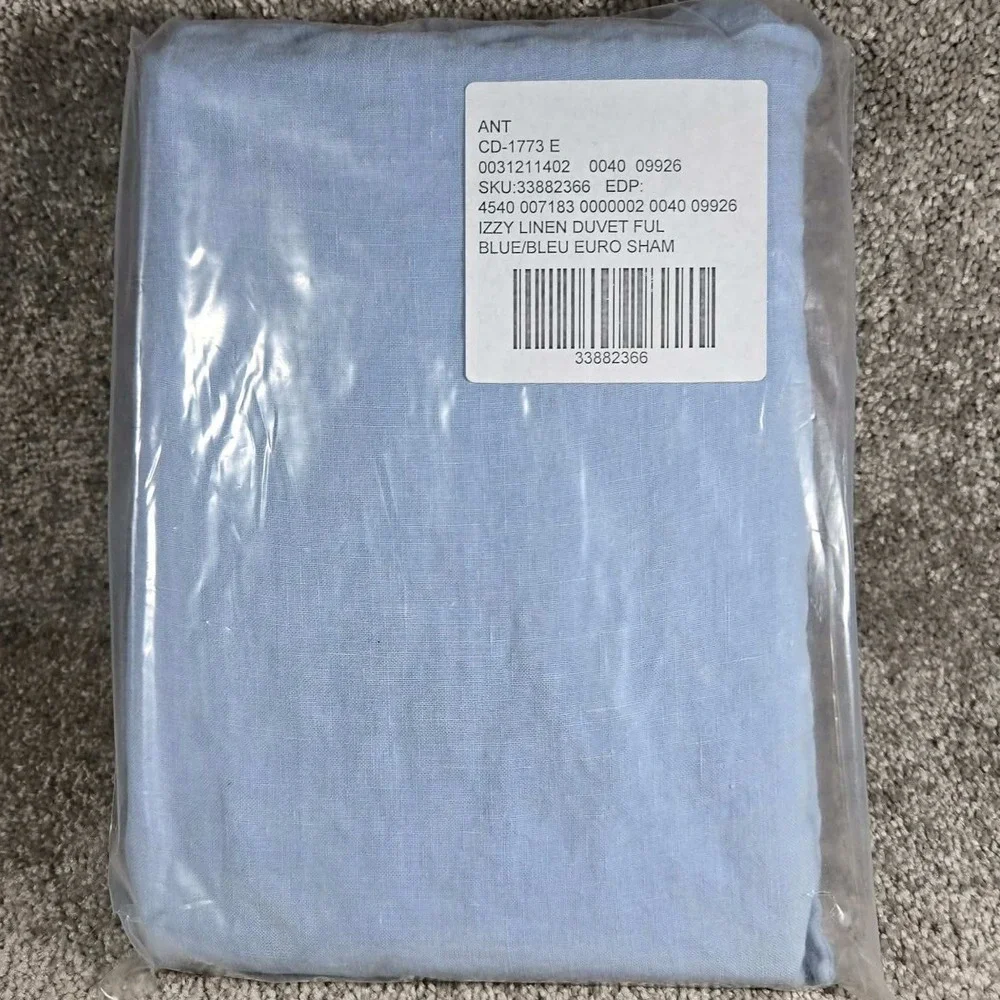 Anthropologie Izzy Linen Duvet Full + Euro Sham Blue Solid Coastal Bedding